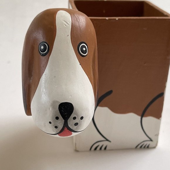 Basset Hound Wooden Pencil Pen Holder Organizer Home Decor Dog Lover White Brown - Picture 5 of 6